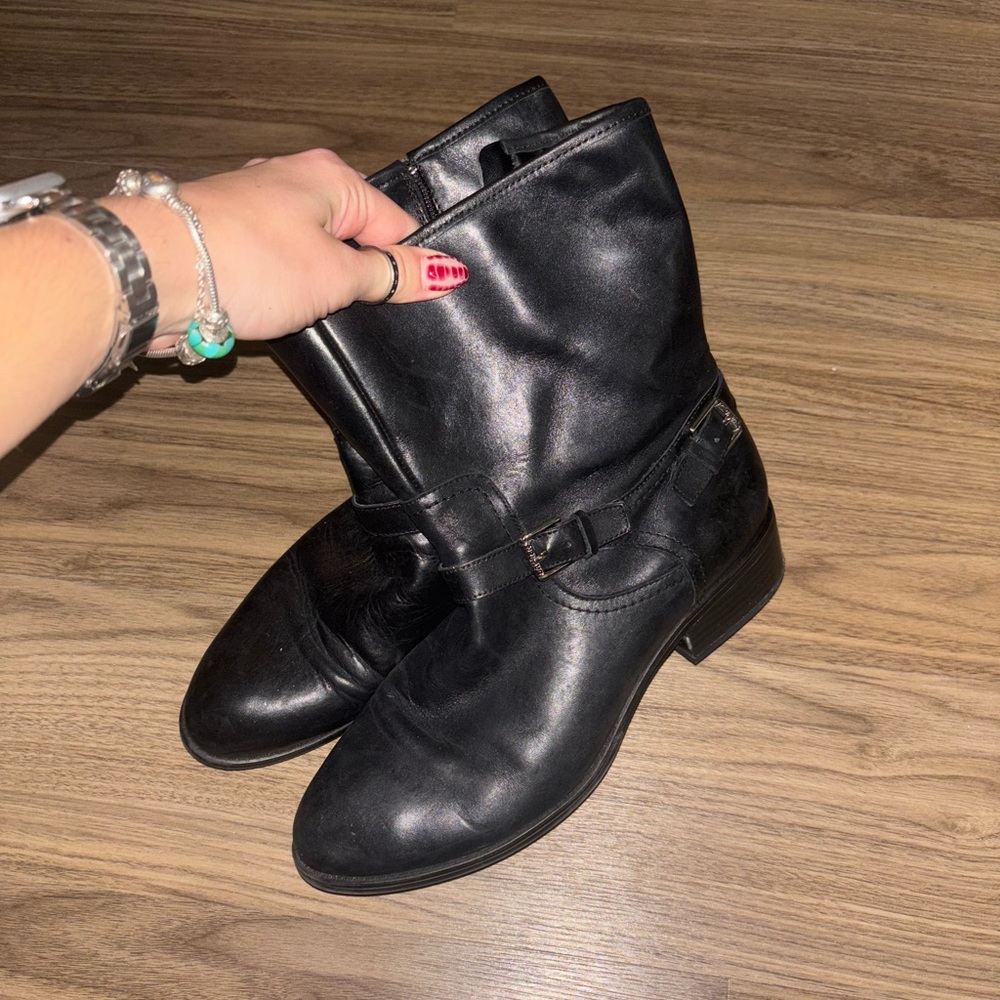 Ralph Lauren black leather ankle boots with buckle details